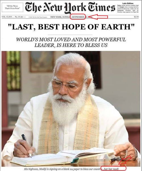 மோடி உலகத்தின் வலிமையான தலைவர் என்று நியூயார்க் டைம்ஸ் செய்தி வெளியிட்டுள்ளதாக பரவும் புகைப்படம் குறித்த கண்டுபிடிப்பு