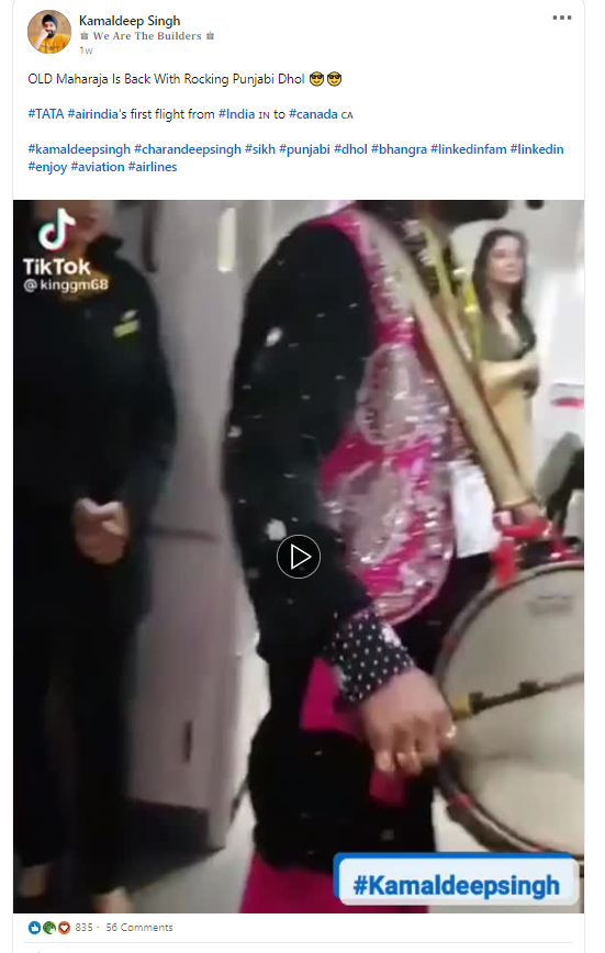 क्या टाटा समूह द्वारा एयर इंडिया के अधिग्रहण के बाद भारत से कनाडा के लिए जाने वाली पहली फ्लाइट में भांगड़ा किया गया?