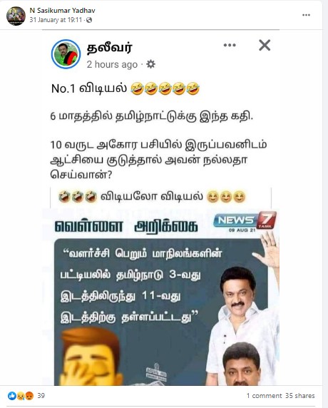 திமுக ஆட்சி காரணமாக  வளர்ச்சி பெறும் மாநிலங்களின் பட்டியலில் தமிழகம் பின்னடைவு அடைந்தாக பரவும் தகவல் - 2