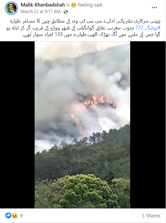 جنگل کی آگ کے وائرل ویڈیو کا جنوبی چین کے طیارے حادثے سے نہیں ہے کوئی تعلق