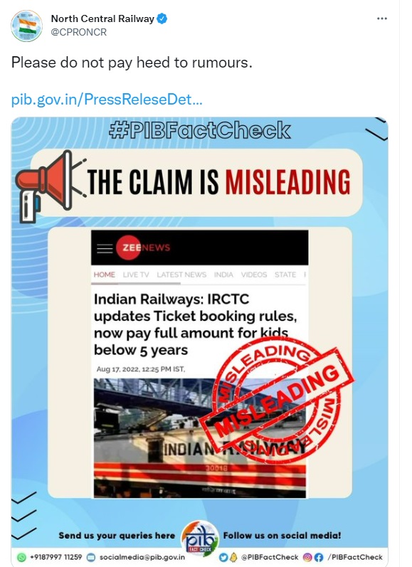 Railways clarification tweet on train ticket for kids