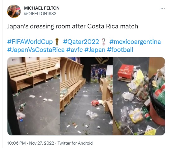 A set of photos showing a dirty dressing room is being falsely claimed as Japan football team’s post their defeat to Costa Rica in the 2022 FIFA World Cup.