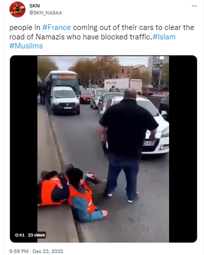 A viral video showing citizens evicting climate-change activists for obstructing traffic on a Paris road is being falsely claimed as an incident where motorists are dragging away people offering Namaz in the middle of the road.