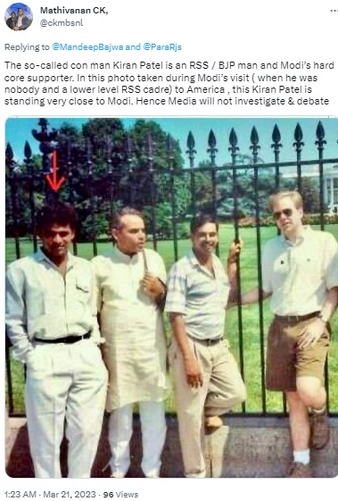 It is Union minister G Kishan Reddy with Prime Minister Narendra Modi in the photo taken outside the White House in 1994, not alleged conman Kiran Patel.   