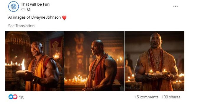 ನಟ ಡ್ವೇನ್ ಜಾನ್ಸನ್ 'ಆರತಿ' ಮಾಡುತ್ತಿರುವ ವೈರಲ್ ಫೋಟೋ ಆರ್ಟಿಫಿಶಿಯಲ್ ಇಂಟೆಲಿಜೆನ್ಸ್ ಕರಾಮತ್ತು!