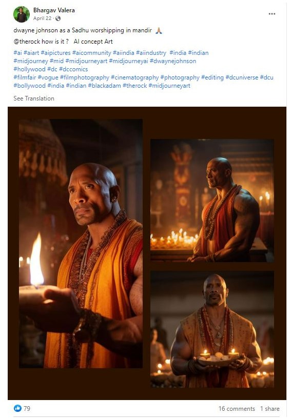 ನಟ ಡ್ವೇನ್ ಜಾನ್ಸನ್ 'ಆರತಿ' ಮಾಡುತ್ತಿರುವ ವೈರಲ್ ಫೋಟೋ ಆರ್ಟಿಫಿಶಿಯಲ್ ಇಂಟೆಲಿಜೆನ್ಸ್ ಕರಾಮತ್ತು!