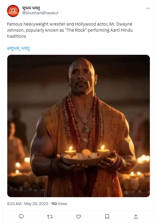 ನಟ ಡ್ವೇನ್ ಜಾನ್ಸನ್ 'ಆರತಿ' ಮಾಡುತ್ತಿರುವ ವೈರಲ್ ಫೋಟೋ ಆರ್ಟಿಫಿಶಿಯಲ್ ಇಂಟೆಲಿಜೆನ್ಸ್ ಕರಾಮತ್ತು!