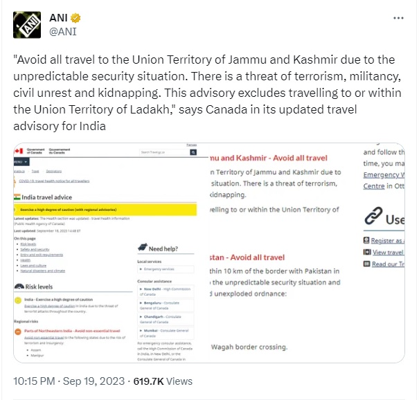ANI claims Canada Issued Travel Advisory Urging 'High Degree Of Caution' While Traveling To India, Canadian Embassy Refutes ‘News’