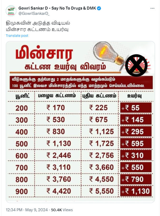 மின்சார கட்டணத்தை திமுக அரசு உயர்த்தவிருப்பதாக பரவும் தகவல் 