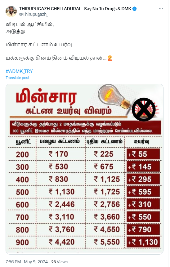 மின்சார கட்டணத்தை திமுக அரசு உயர்த்தவிருப்பதாக பரவும் தகவல் 