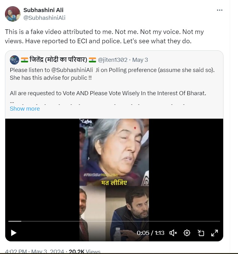 X Post by @SubhashiniAli on May 3, 2024