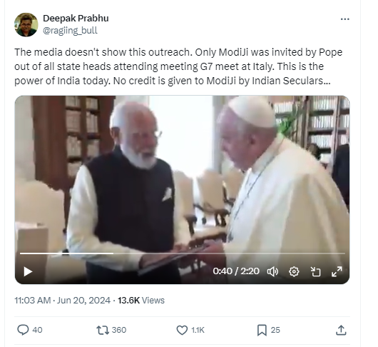 इटलीतील G7 शिखर परिषदेत पंतप्रधान मोदी आणि पोप यांच्यात ‘विशेष भेट’? नाही, व्हायरल व्हिडिओ 2021 चा आहे