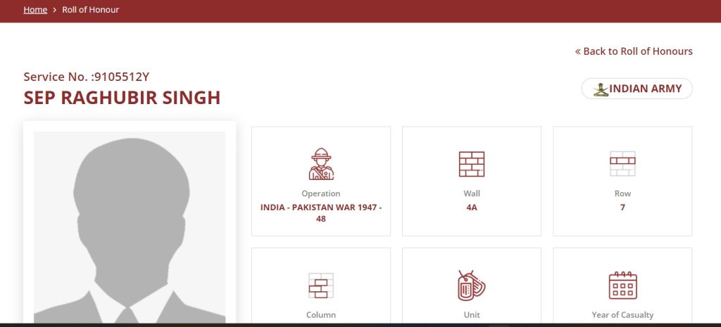Profile of SEP Raghubir Singh in National War Memorial website