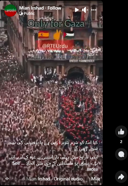 یہ ویڈیو اسپین میں غزہ کے لئے بڑے پیمانے پر فلسطین کے حق میں مظاہرہ کئے جانے کی ہے۔
