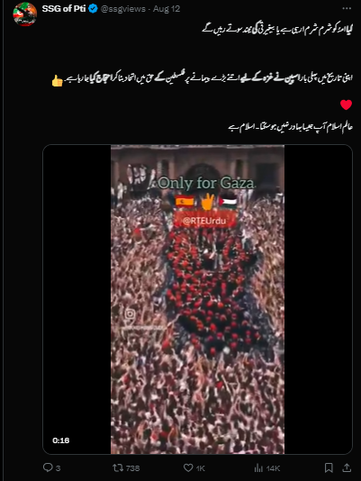 یہ ویڈیو اسپین میں غزہ کے لئے بڑے پیمانے پر فلسطین کے حق میں مظاہرہ کئے جانے کی ہے۔