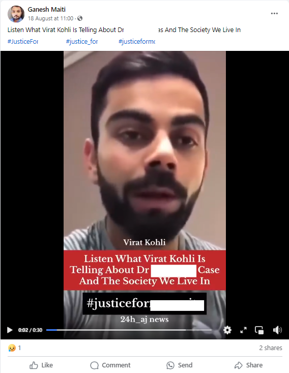 Indian cricketer Virat Kohli calls the recent gruesome Kolkata doctor rape-murder case “disturbing and shocking,” says he is “ashamed to be a part of that society.”
