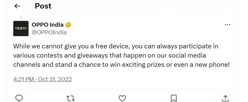 X post by Oppo India on October 31, 2022