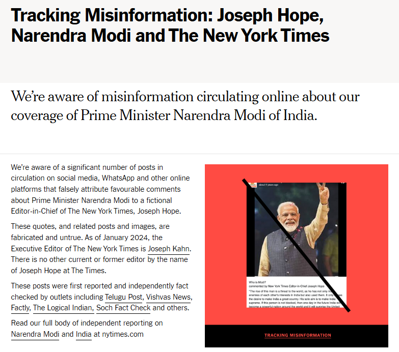 न्यूयॉर्क टाईम्सने पंतप्रधान मोदींवर हा लेख लिहिलेला नाही