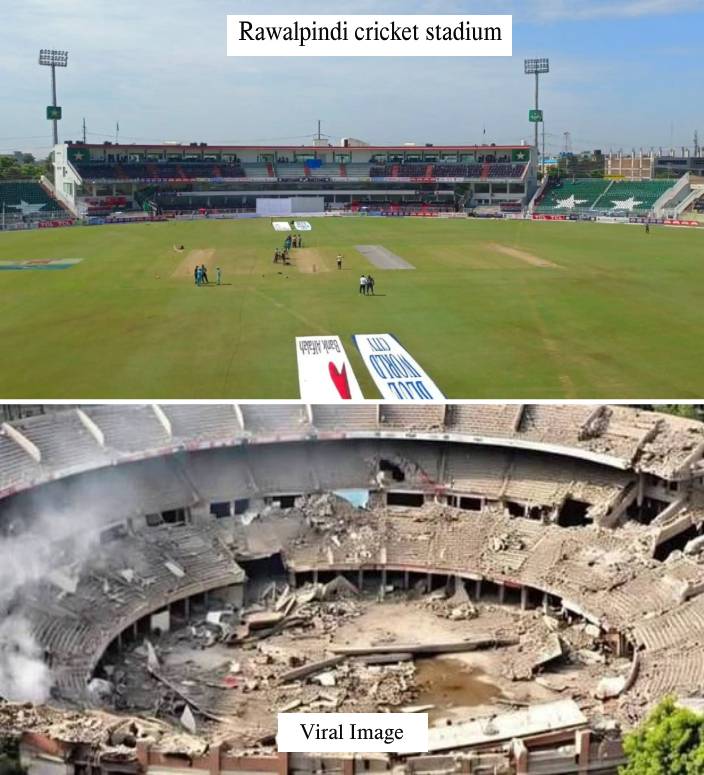 ಧ್ವಂಸಗೊಂಡ ರಾವಲ್ಪಿಂಡಿ ಕ್ರೀಡಾಂಗಣ ಎಂದು ವೈರಲ್ ಆಗುತ್ತಿರುವ ಫೋಟೋ ಎಐ ಸೃಷ್ಟಿ