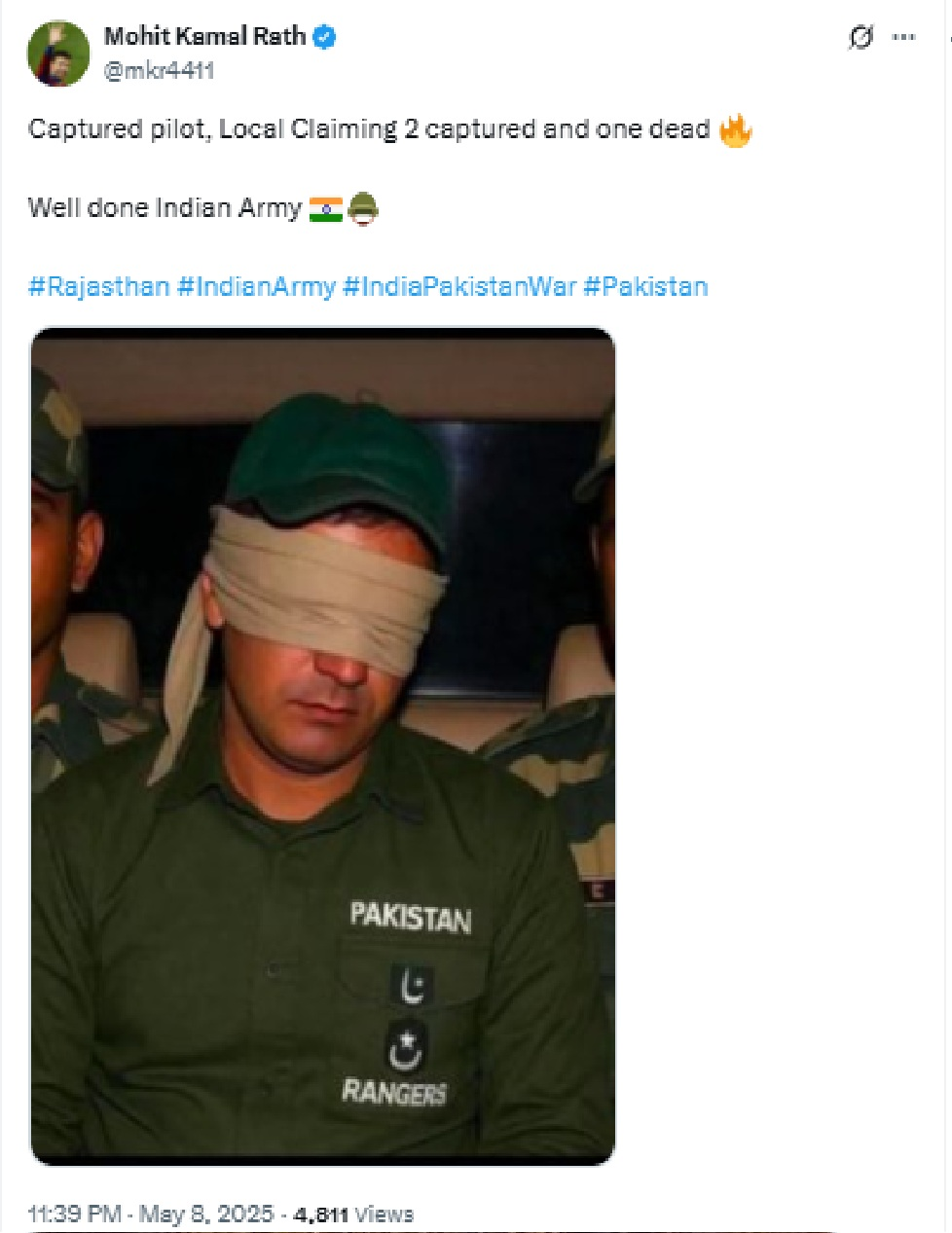 ਭਾਰਤੀ ਆਰਮੀ ਦੁਆਰਾ ਫੜੇ ਗਏ ਪਾਕਿਸਤਾਨੀ ਪਾਈਲਟ ਦੀ ਇਹ ਤਸਵੀਰ? ਇਹ ਤਸਵੀਰ AI ਜਨਰੇਟਡ ਹੈ 