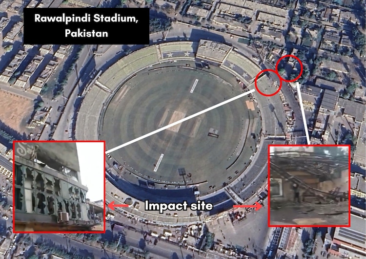 Facilities on Rawalpindi Stadium's Food Street were damaged in Indian drone strikes. (image courtesy: India Today
