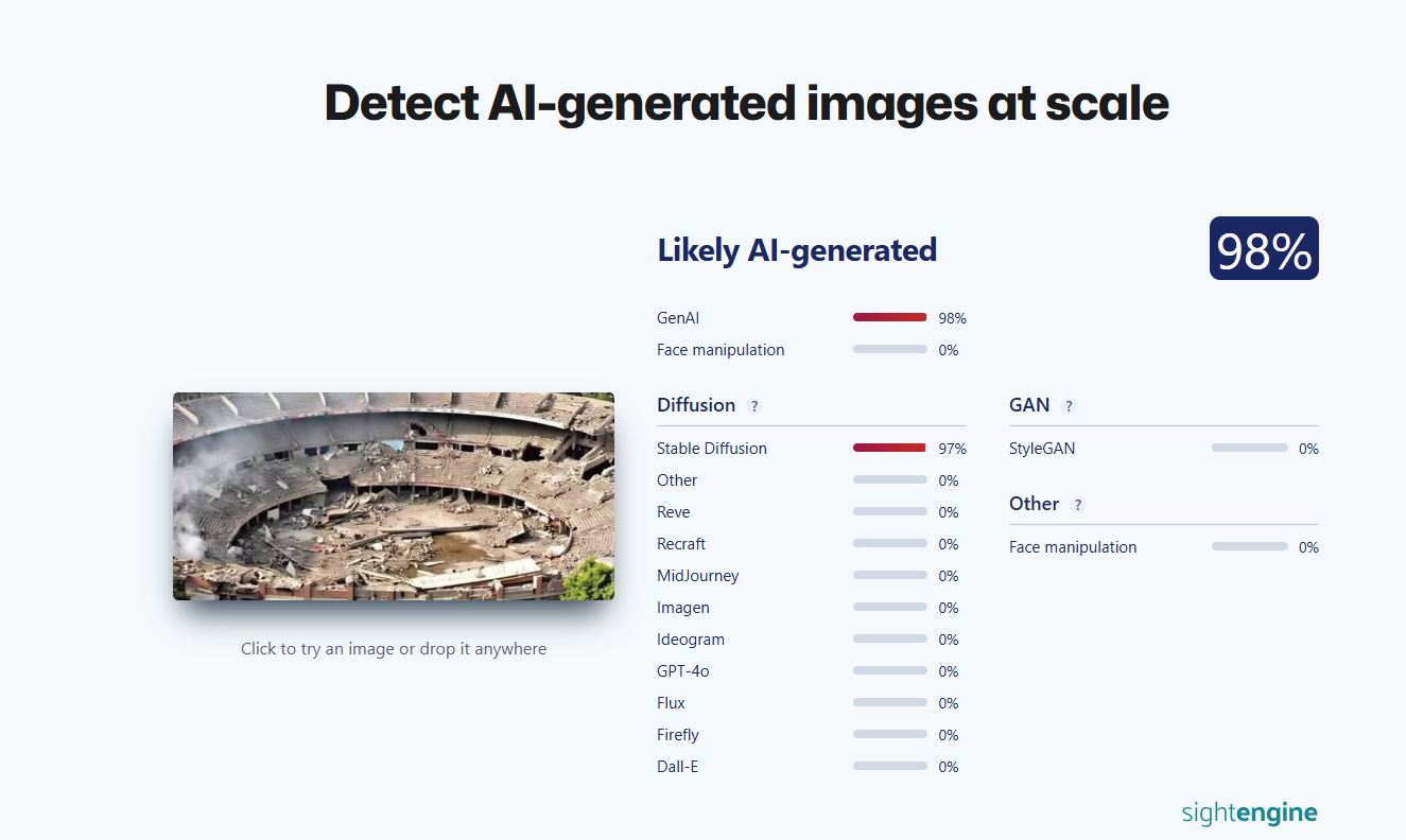 ಧ್ವಂಸಗೊಂಡ ರಾವಲ್ಪಿಂಡಿ ಕ್ರೀಡಾಂಗಣ ಎಂದು ವೈರಲ್ ಆಗುತ್ತಿರುವ ಫೋಟೋ ಎಐ ಸೃಷ್ಟಿ