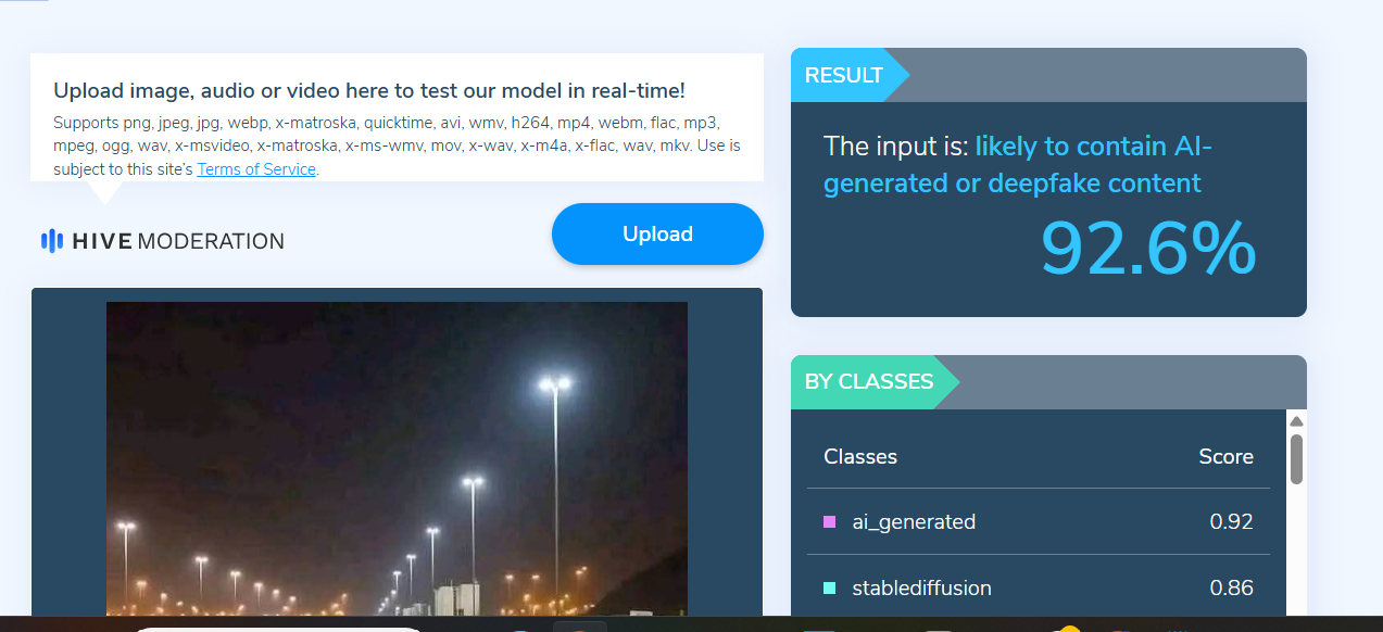 Screengrab from Hive Moderation Website
