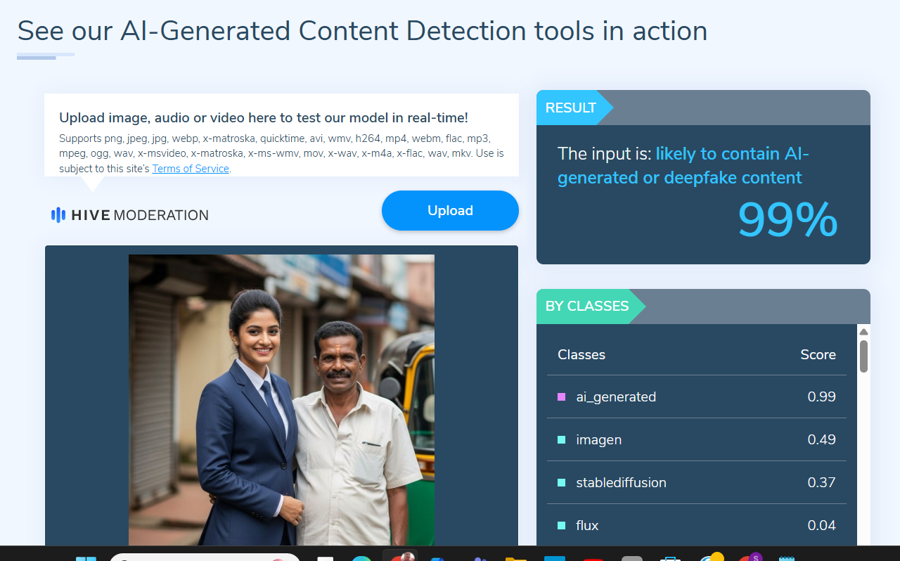 screengrab from Hive Moderation Website