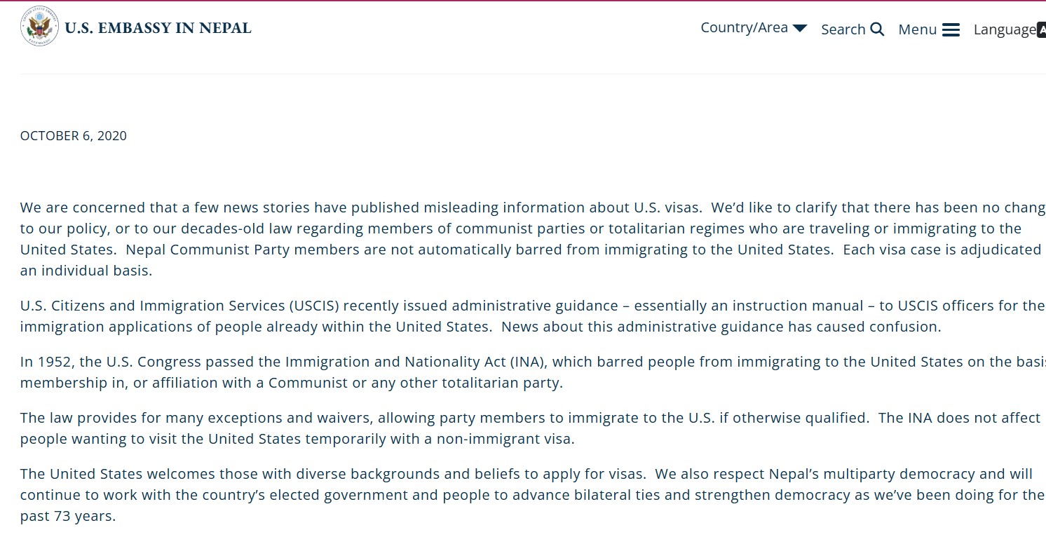 Note in US Embassy Nepal website