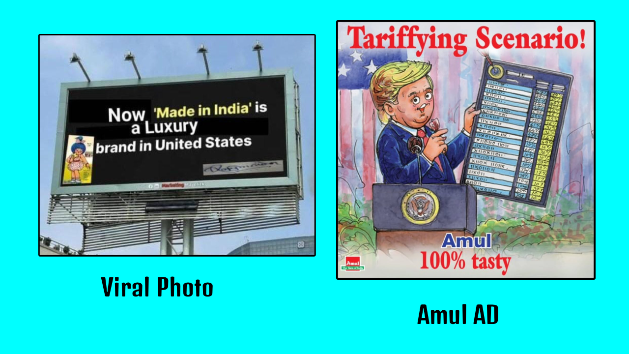 அமுல் நிறுவனம் டிரம்பின் வரி விதிப்பை கிண்டல் செய்ததாக பரவும் விளம்பரம்.