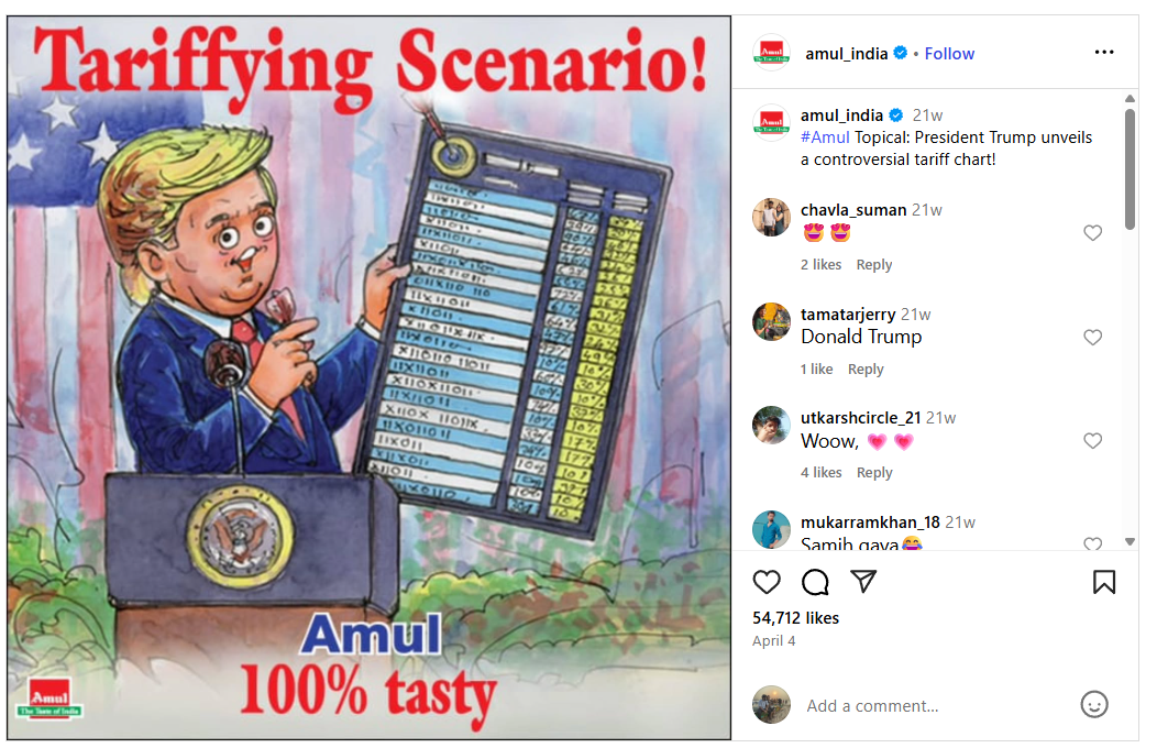 அமுல் நிறுவனம் டிரம்பின் வரி விதிப்பை கிண்டல் செய்ததாக பரவும் விளம்பரம்.