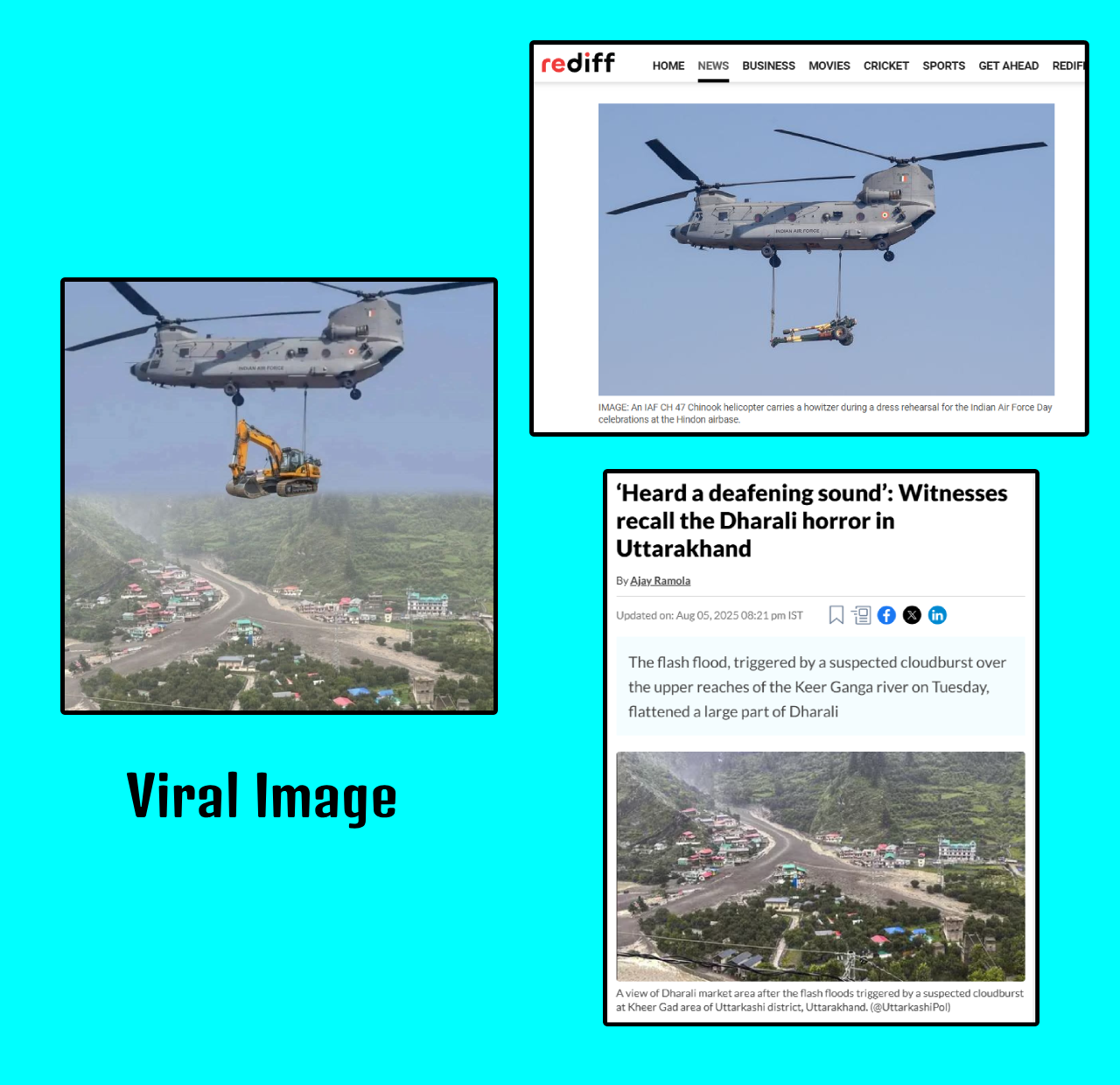 உத்தரகாண்டில் நிவாரண பணிகளை செய்ய JCB எந்திரம் ஹெலிகாப்டரில் கொண்டு செல்லப்பட்டதாக பரவும் படம்.