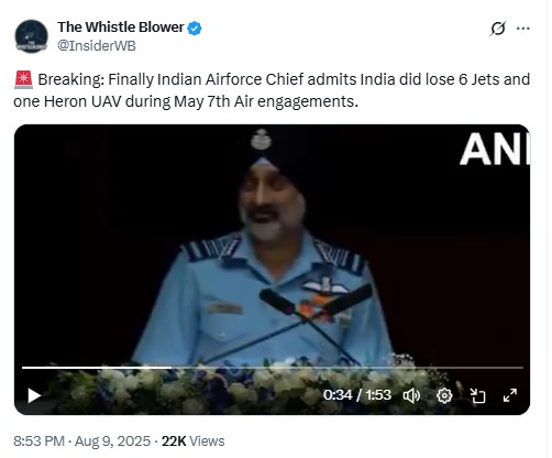 पाकिस्तानशी झालेल्या संघर्षात ६ जेट गमावल्याची कबुली भारतीय हवाई दलाच्या प्रमुखांनी दिली? नाही, व्हायरल क्लिप मॅनिप्युलेटेड आहे
