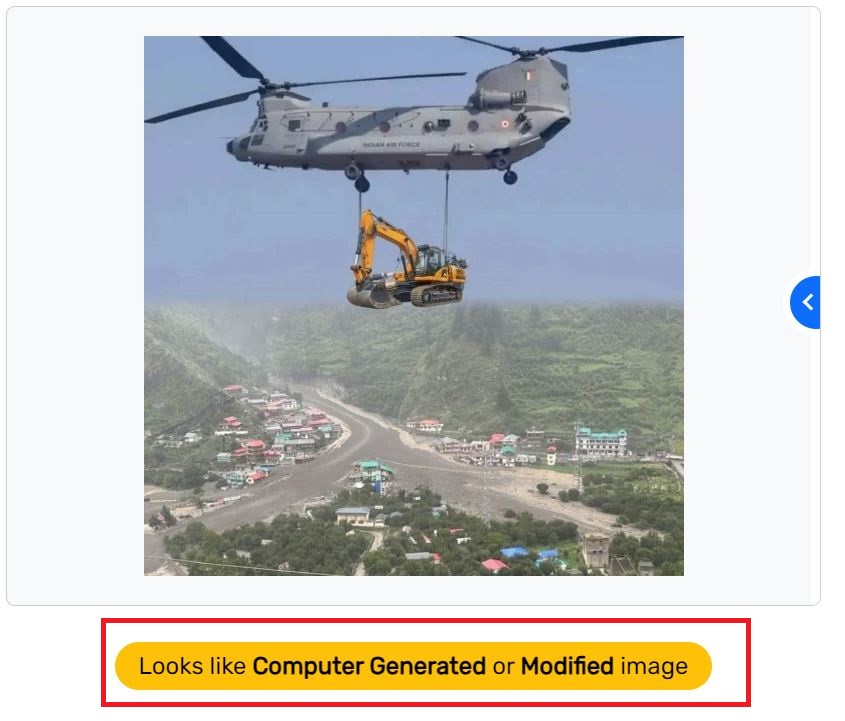 उत्तराखंडमधील धराली येथे चिनूक हेलिकॉप्टरने जेसीबी पोहोचवले? नाही, हा फोटो एडिटेड आहे