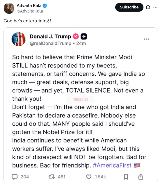 Trump's Tariff: US President's Angry Social Media Rant Over Indian PM Not 'Thanking Him' Is Fake