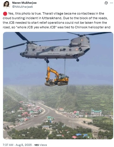 ಉತ್ತರಕಾಶಿ ಮೇಘಸ್ಫೋಟ: ರಕ್ಷಣಾ ಕಾರ್ಯಾಚರಣೆಗಾಗಿ ಜೆಸಿಬಿ ಎಕ್ಸ್ಕವೇಟರ್ ಏರ್ ಲಿಫ್ಟ್  ಮಾಡಿದ ಐಎಎಫ್ ಚಿನೂಕ್ ಹೆಲಿಕಾಪ್ಟರ್?