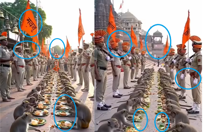 पोलिसांच्या उपस्थितीत भोजन करणाऱ्या माकडांचा हा व्हिडिओ एआय निर्मित आहे