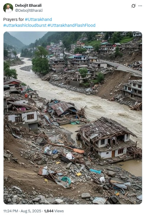 ਉੱਤਰਕਾਸ਼ੀ ਜ਼ਿਲ੍ਹੇ ਦੇ ਧਰਾਲੀ ਵਿੱਚ ਬੱਦਲ ਫਟਣ ਤੋਂ ਬਾਅਦ ਇਸ ਤਰ੍ਹਾਂ ਦੇ ਹਾਲਤ ਬਣ ਗਏ? ਇਹ ਤਸਵੀਰ AI ਜਨਰੇਟਡ ਹੈ