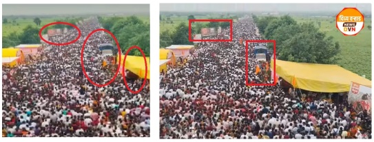 A comparison of a screengrab from the viral video (left) with the Youtube video (right) confirms that it is the same procession, which predates the ‘Voter Adhikar Yatra’ in Bihar.