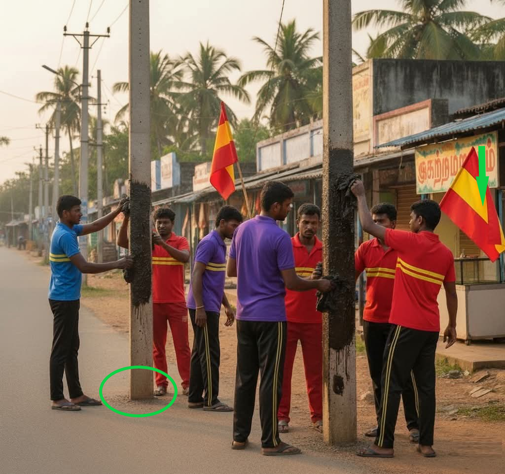 தவெக தொண்டர்கள் மின்கம்பத்தில் கிரீஸ் பூசியதாக பரவும் படம்.