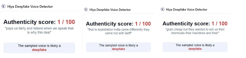 Screengrabs from Hiya Deepfake Voice Detector