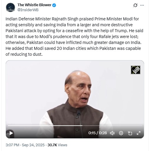 Video Claiming To Show Rajnath Singh Admitting To India Losing 4 Rafale Jets During Op Sindoor Is Manipulated