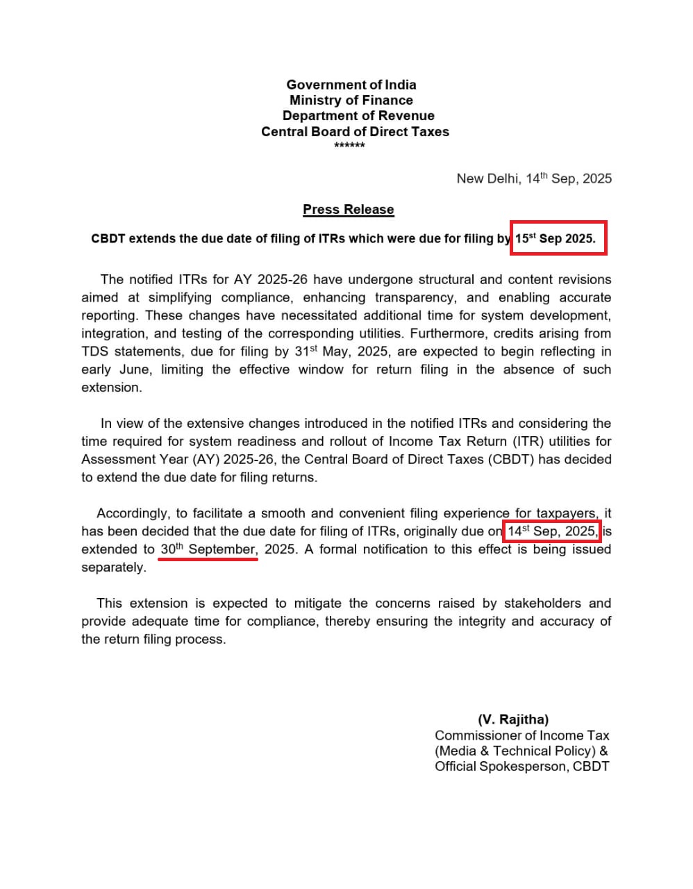 ITR डेडलाइन 30 सितंबर तक बढ़ी