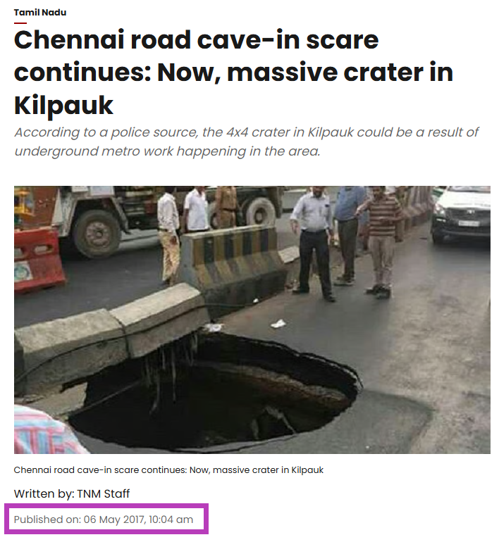 திமுக ஆட்சியில் சென்னை சாலையில் பெரிய பள்ளம் விழுந்ததாக பரவும் படம்.