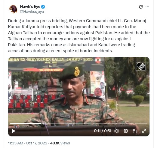 Did Army’s Western Command Chief Admit That India Paid Taliban to Attack Pakistan?