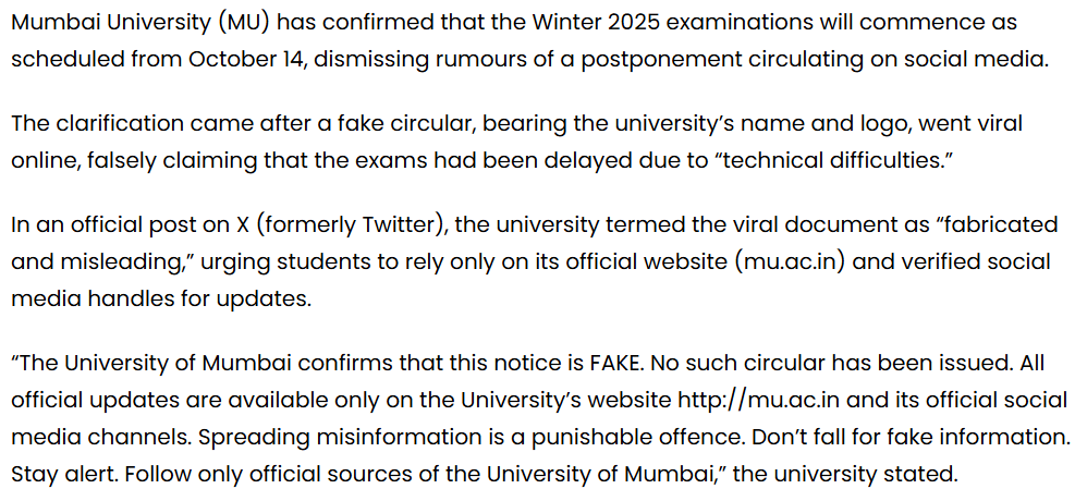 मुंबई विद्यापीठाने परीक्षा पुढे ढकलल्या? नाही, व्हायरल परिपत्रक खोटं आहे