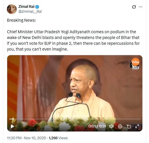 Bihar Polls 2025: Did UP CM Yogi Adityanath Warn Voters Of ‘Delhi Blast-Like Consequences’ If They Go Against BJP?