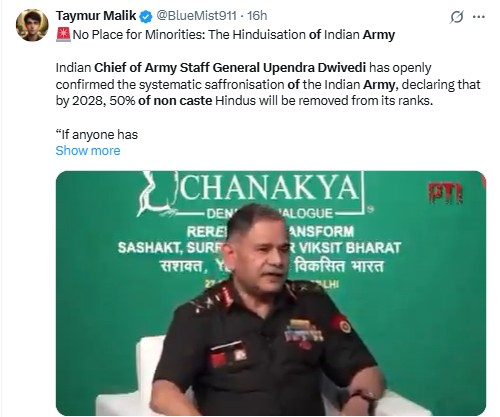  Viral video of General Dwivedi Saying BJP Ordered Removal Of Non-Hindu Personnel From Force Is Doctored