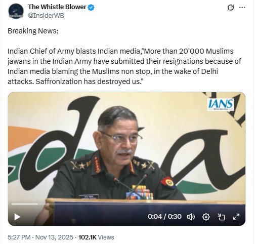  Delhi Blast: Did Army Chief Say Muslim Personnel Have Resigned En Masse Due To ‘Media Trial’?