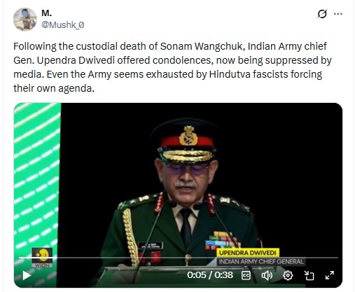 Viral Clip Showing General Dwivedi announcing Sonam Wangchuk’s ‘Death’ is Doctored 
